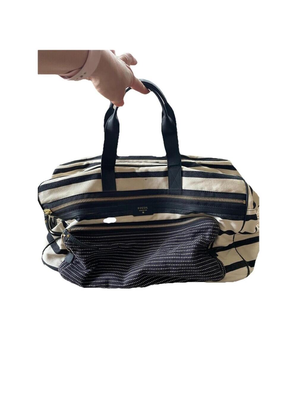 Fossil Canvas Weekender Bag Black White Stripes Zip Pocket Handles Travel Bag